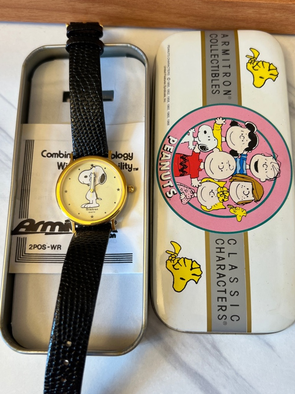 Armitron Ladies Snoopy Dial Watch Black Leather Strap -Collectible Tin